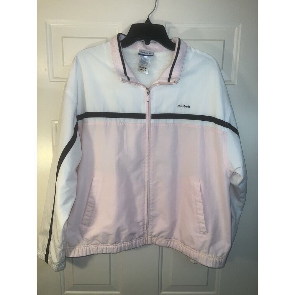 Vintage Reebok Windbreaker Jacket Womens Pink White Full Zip Long Sleeve Size XL